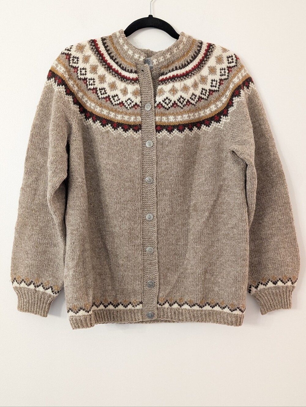 Husfliden Hand Knit Norwegian Wool Cardigan Pewter Buttons Beige Nordic